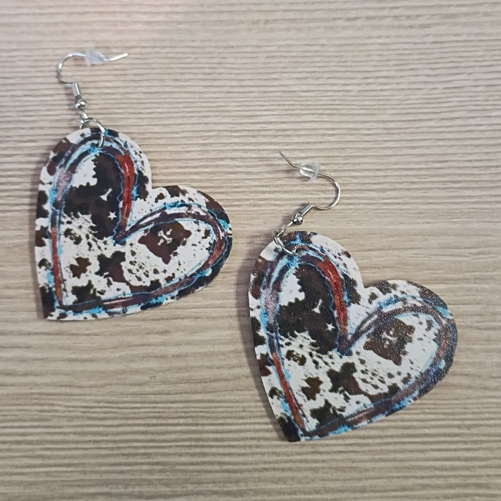 Western Cow Print Heart Dangle Earrings Brown White Red Blue Boho Jewelry